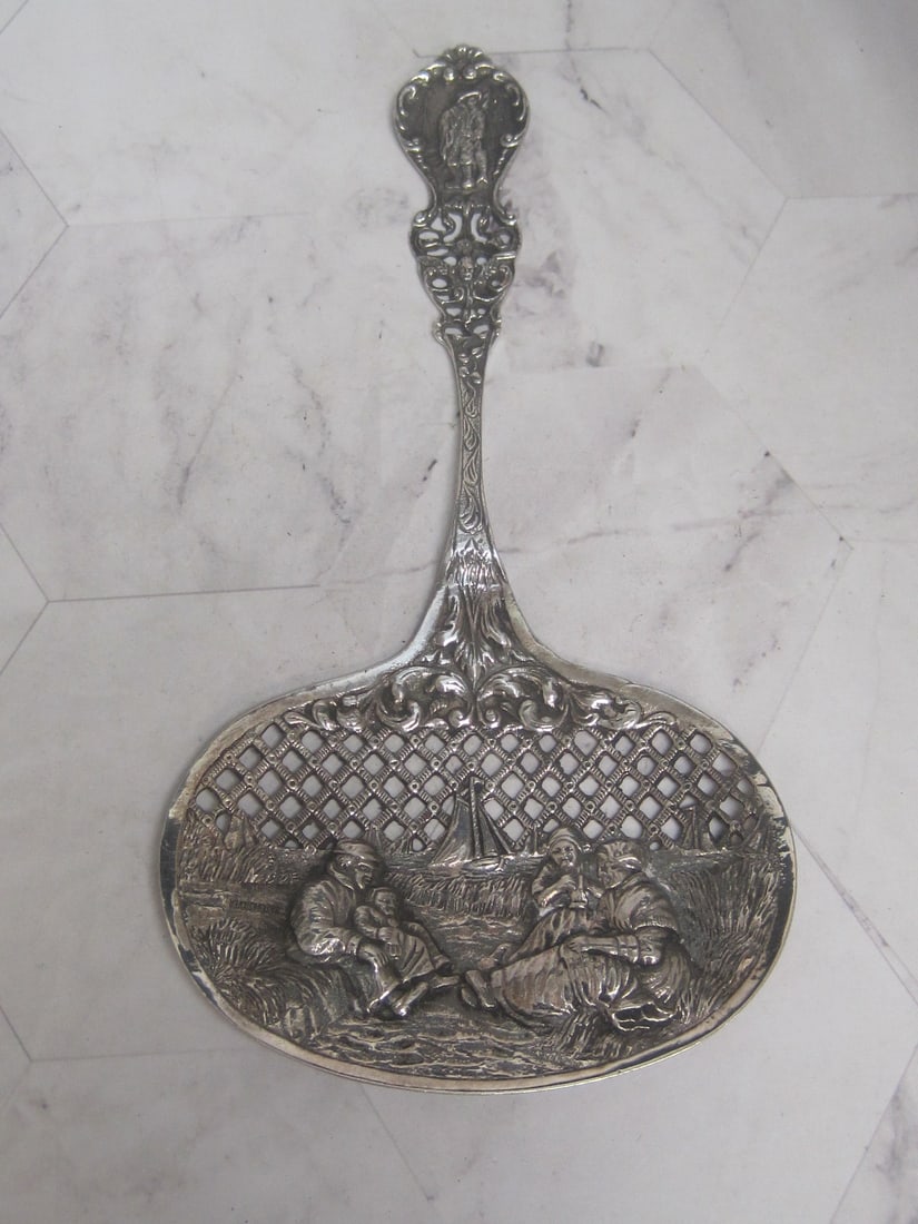 Dutch Silver Skimmer or Server: 7 1/2", Villagers & sailboats, Fancy openwork, very ornate