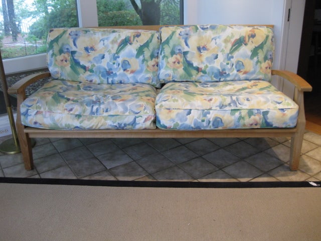 Lane WeatherMaster Indoor/Outdoor Wood Sofa with Removable Cushions: 72" long, some watermarks, Local Pickup Only