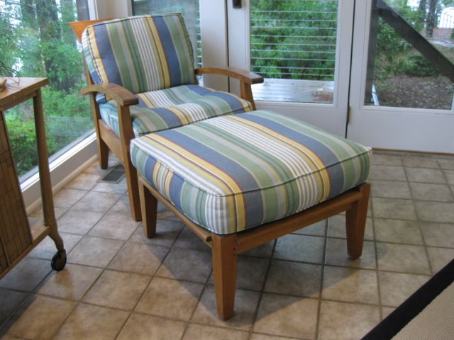 Lane WeatherMaster Indoor/Outdoor Armchair and Ottoman with Removable Cushions: Chair 27 1/4"w, Ottoman 27" x 26" x 18", some watermarks, ottoman cushion has a few small spots, Local Pickup Only