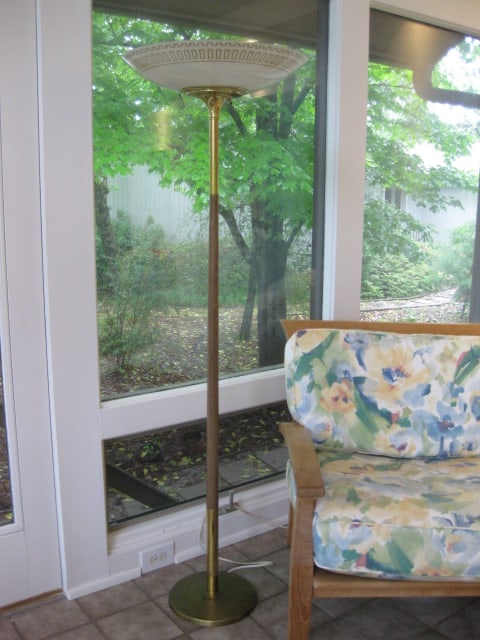 Midcentury 3-Way Torchiere Floor: 65 1/4"h, white glass shade with gold geometric edge design, post is brass and wood, some finish wear on base, Local Pickup Only