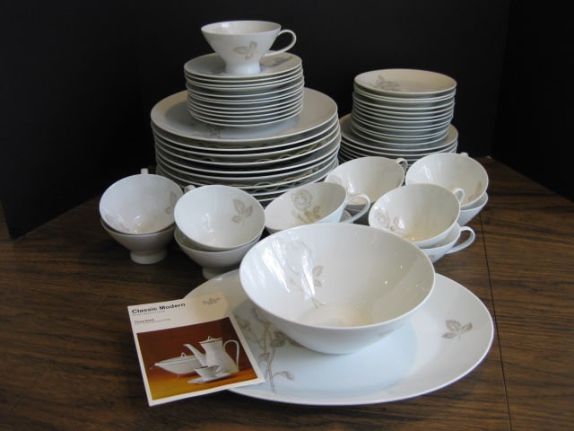 1970 Rosenthal Studio Line "Classic Rose" China by Designer Raymond Loewy: (13)10 3/8" plates, (12)7 1/2" plates, (12)6" plates, (12)Saucers, (13)2 1/2"h cups, (1)7 1/2" round vegetable bowl, (1)13" oval platter. Has original makers pamphlet