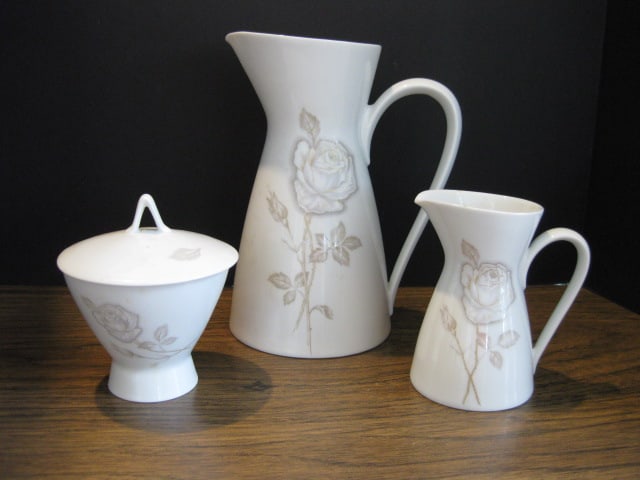 1970 Rosenthal Studio Line "Classic Rose" Coffee Set by Designer Raymond Loewy: Coffee pot 8"h(does not have lid), Creamer 4 1/2"h, Sugar bowl with cover 4 1/2"h