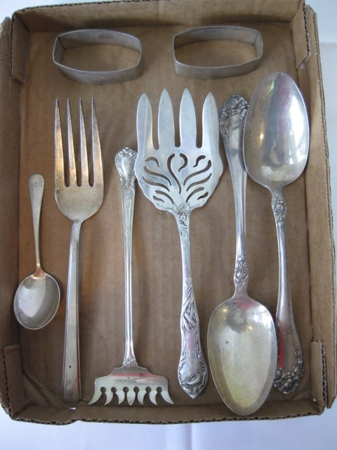 Vintage Sterling Napkin Rings, Serving Spoons and Fork, Sugar Spoon and Asparagus Fork: 9.71 troy ounces total weight