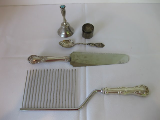 Web Sterling Handle Angel Food Cake Knife and Dessert Knife, Sterling Postage Stamp Holder,: Weighted Sterling Handle Servant Bell and 800 German Silver Spoon. German spoon 0.52 troy ounces, stamp holder 0.63 troy ounces(monogrammed)