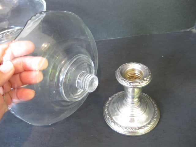 Weighted Sterling Candle Holder with Glass Bonbon Dishes, Weighted Sterling Compote - 16