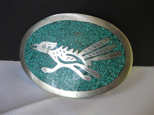 Mexican Silver and Turquoise Chip "Road Runner" Belt Buckle: .