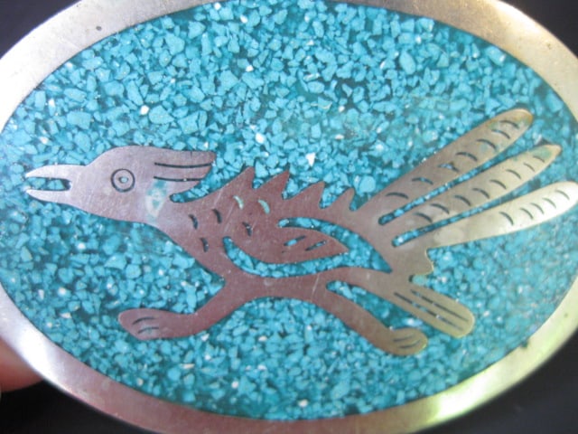 Mexican Silver and Turquoise Chip "Road Runner" Belt Buckle - 3