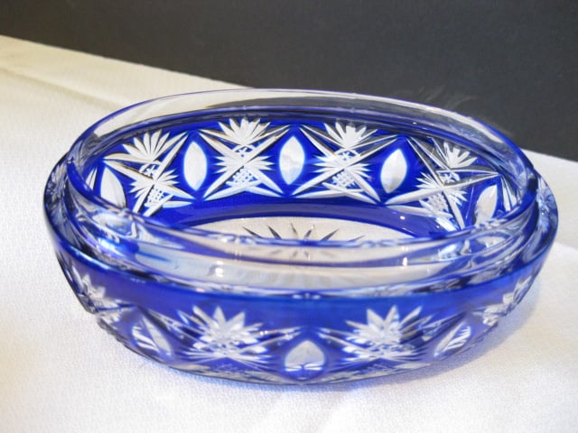 Cobalt Blue Cut to Clear Crystal Covered Dish and Cut Crystal Vanity Box with Silverplate Lid - 10