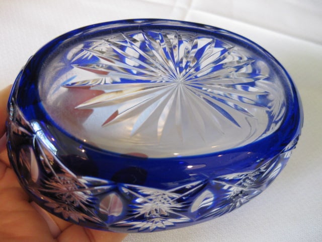 Cobalt Blue Cut to Clear Crystal Covered Dish and Cut Crystal Vanity Box with Silverplate Lid - 11