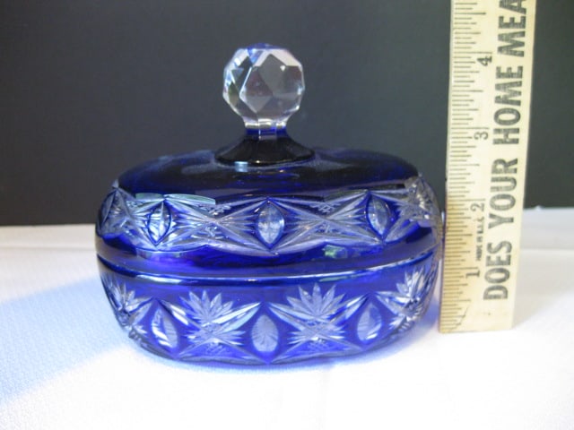 Cobalt Blue Cut to Clear Crystal Covered Dish and Cut Crystal Vanity Box with Silverplate Lid - 12