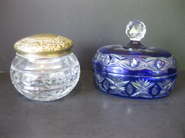 Cobalt Blue Cut to Clear Crystal Covered Dish and Cut Crystal Vanity Box with Silverplate Lid: Cobalt blue 4 1/4"h, Vanity box 3 1/4"h