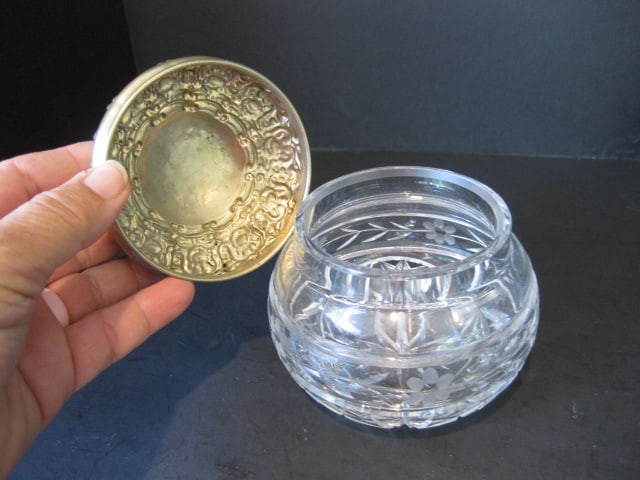 Cobalt Blue Cut to Clear Crystal Covered Dish and Cut Crystal Vanity Box with Silverplate Lid - 3
