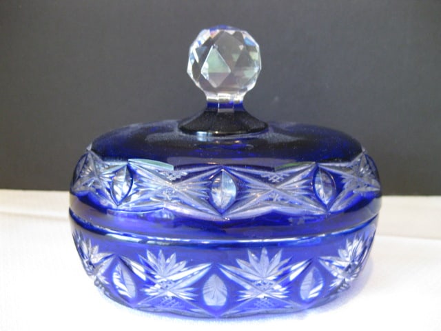 Cobalt Blue Cut to Clear Crystal Covered Dish and Cut Crystal Vanity Box with Silverplate Lid - 7