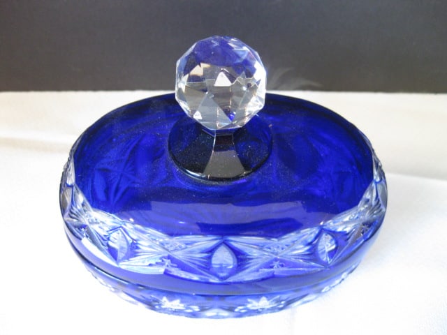 Cobalt Blue Cut to Clear Crystal Covered Dish and Cut Crystal Vanity Box with Silverplate Lid - 8