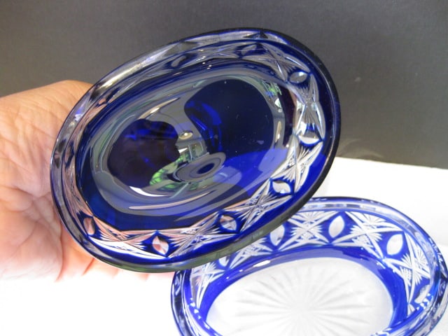 Cobalt Blue Cut to Clear Crystal Covered Dish and Cut Crystal Vanity Box with Silverplate Lid - 9