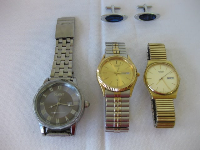Stauer, Citizen and Seiko Men's Quartz Wrist Watches and Pair of Cuff Links: All calendar watches, all need batteries