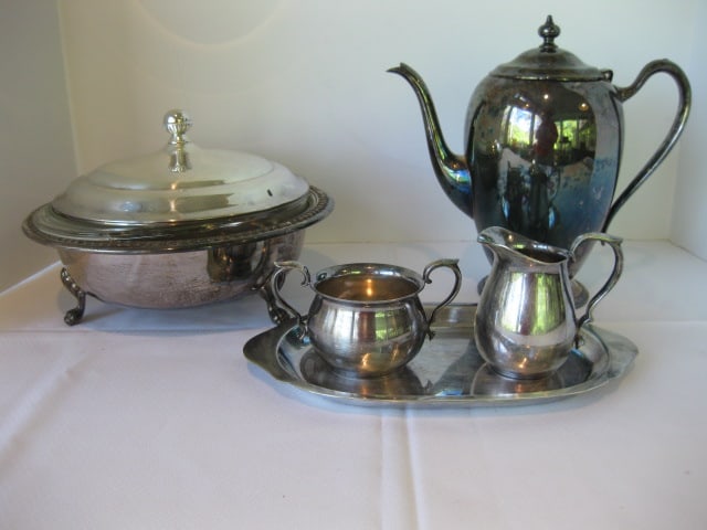 Silverplate Coffee Pot, Reed& Barton Creamer and Sugar Set and Footed Round: Serving Bowl with Pyrex Glass Insert