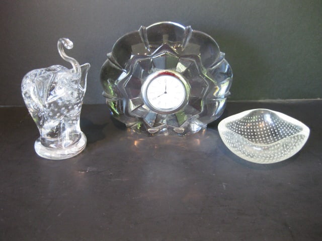Crystal Hand Blown Controlled Bubble Elephant Figure, Controlled Bubble Crystal: Ring Dish, Red/White Swirl Hand Blown Heart Ornament and Royal Limited Crystal Quartz Desk/Vanity Clock