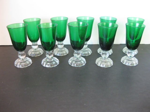 Ten Footed Emeral Green Cordial Glasses: 3"h