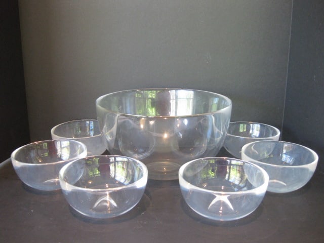 Art Glass Colorless Crystal Salad Set: Serving bowl 9 7/8"dia x 5 3/4"h, (6)5 1/4"dia x 2 1/2"h individual bowls, polished bottoms, some fogging from dishwasher