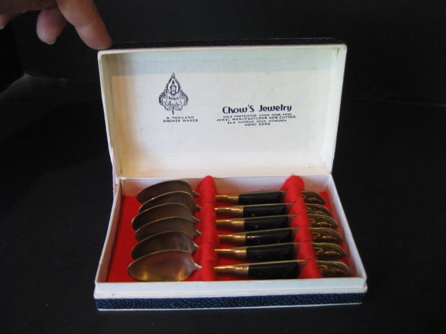 Thailand Bronze Wares Embossed Brass Demitasse Spoon Set in Original Box: .