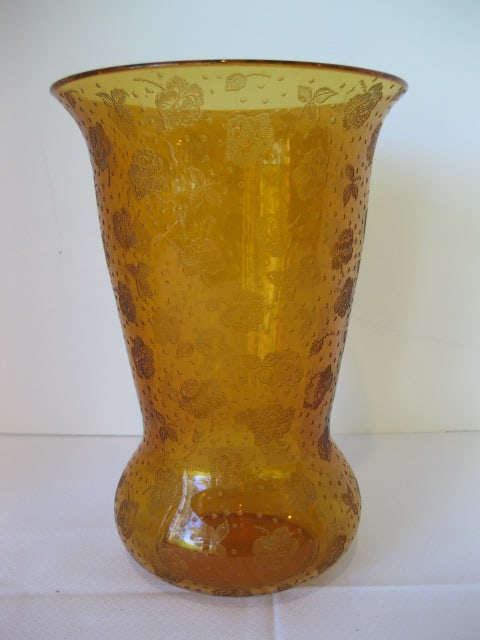 Amber Glass Vase with Etched Floral Designs (1 of 5)