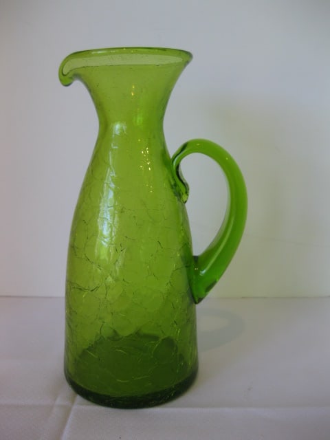 Blenko Style Green Crackle Glass Pitcher: 8 3/4"h, applied glass handle