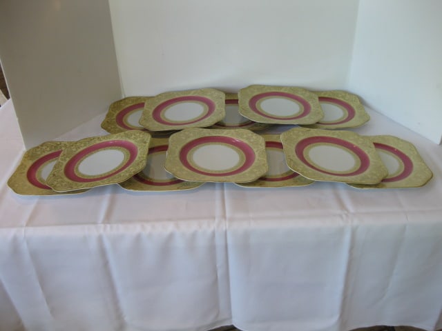 12 PT Bavaria Tirschenreuth Gold Gilt Decorated Salad Plates: 8" square, some use wear to gold
