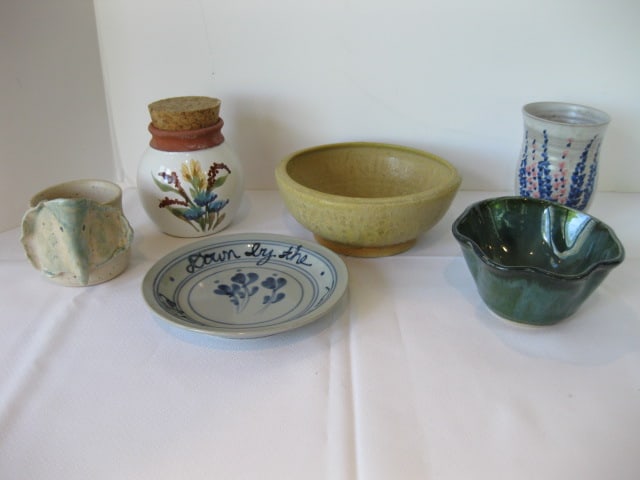 Signed Studio Pottery Bowls, Plate, Cork Stoppered Jar, Tumbler and Elephant Cup: .
