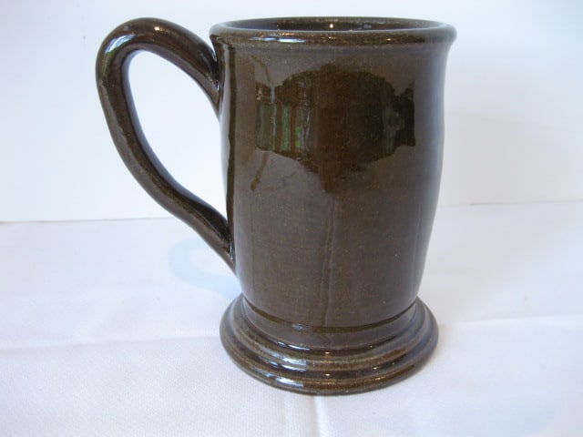 Brown Glaze Signed Cheever & Aire Meader's Grandson Turned Pottery Stein Mug: 5 3/4"h, impressed Stanley Jim(?) Grandson of Cheever & Arie Meaders 3-09