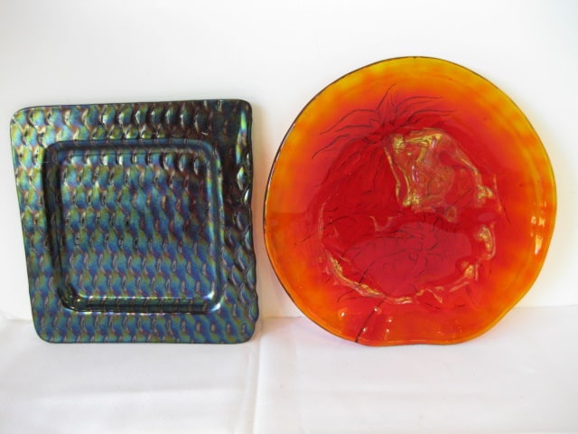 Art Glass Amberina and Iridescent Plates: Amberina 9 1/2"dia, Iridescent 7 3/4" square