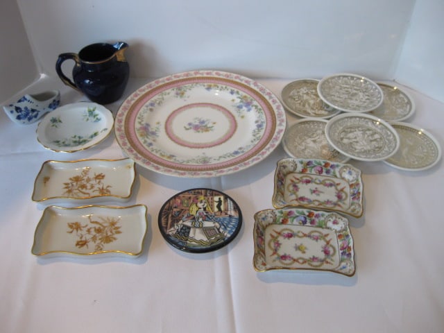 Porcelain Plate, Tidbit Dishes, Creamer, Ashtrays, etc.: .