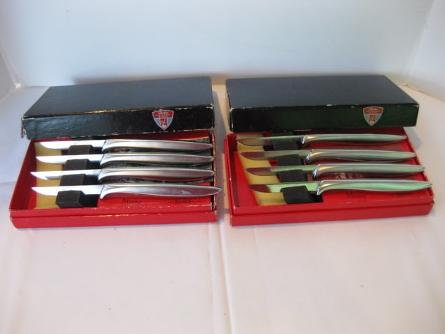 Two 4 Piece Gerber Legendary Blade Steak Knife Sets in Original Boxes: handles have some finish flaking