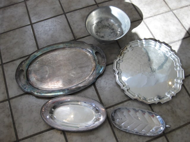 Silverplate Serving Trays and Pewter Revere Bowl: .