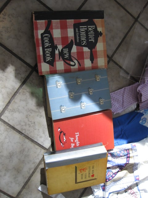 1950's Cookbooks, Hand Sewn Aprons, Oak Recipe Box with Collection of Recipes and - 7