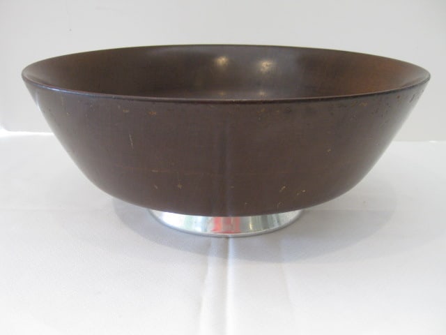 The Quentin Corp. Mahogany Turned Wood Centerpiece with Aluminum Foot: 12"dia x 4 3/4"h, some finish wear from use in bottom