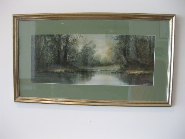 Pam Colyar Signed Original Forest Landscape Watercolor: Framed and matted 27 1/4" x 15 1/4"