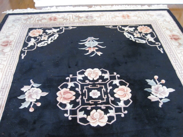 Hand Made in China Black with Ivory Border "Ming Design" Wool Area Rug - 2
