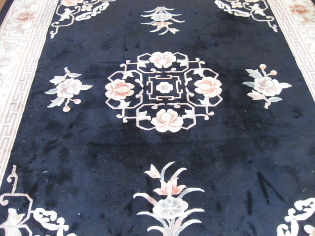 Hand Made in China Black with Ivory Border "Ming Design" Wool Area Rug - 3