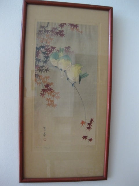 "Birds on Maple" Chinese Artist Signed Original Art Work: Framed and mounted 7 1/4" x 14 1/2"