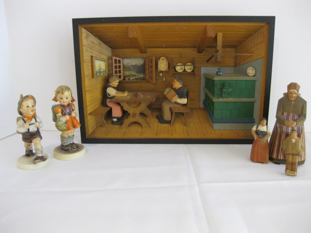 Two W. German Goebel Hummel Figurines, Carved Wood Folk Art Figures and: 3-D Al' Ours de Berne Musical Framed Scene. 12 1/4" x 8 1/4" framed scene-wound tight and doesn't play