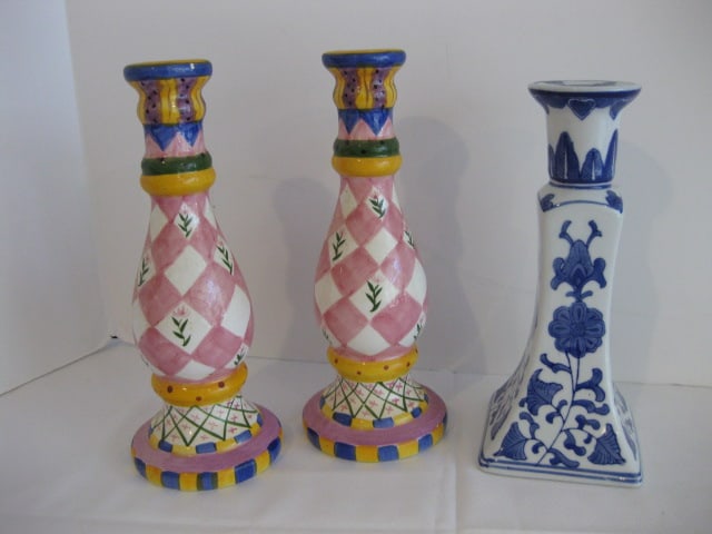 Three Ceramic Candle Sticks: (1)Blue/White 9"h, (Pair)10"h