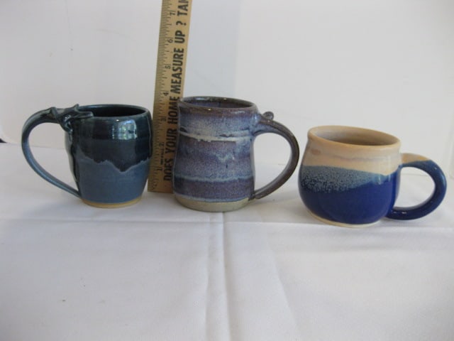Signed Studio Pottery Mugs and Chip & Dip Plate - 12