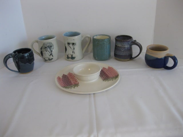 Signed Studio Pottery Mugs and Chip & Dip Plate: .