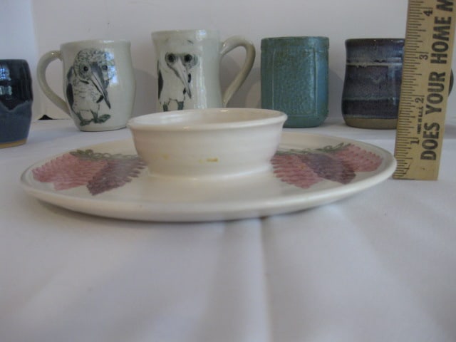 Signed Studio Pottery Mugs and Chip & Dip Plate - 3