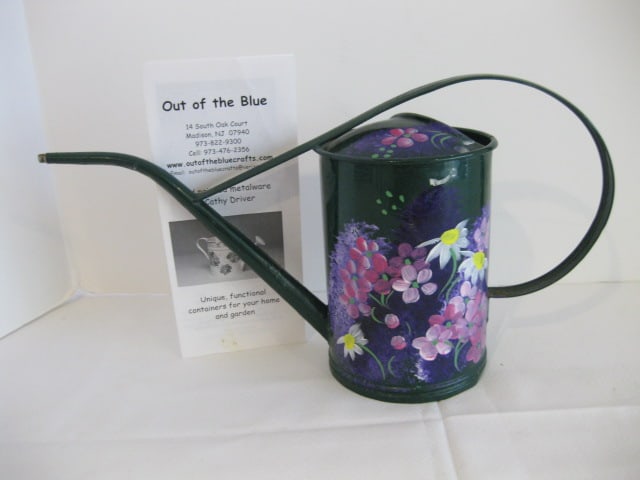 "Out of the Blue" Signed Handpainted Watering Can: 8"h, missing sprinkler tip