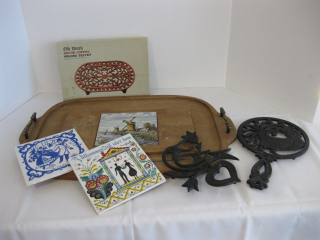 Wood Serving Tray with Ceramic Tile Inlaid Trivet, Cast Metal Trivet, Copper Trivet,: Two Porcelain Trivets and Ryton Phillips 66 Rooster Trivet