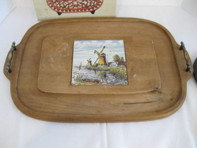 Wood Serving Tray with Ceramic Tile Inlaid Trivet, Cast Metal Trivet, Copper Trivet, - 5