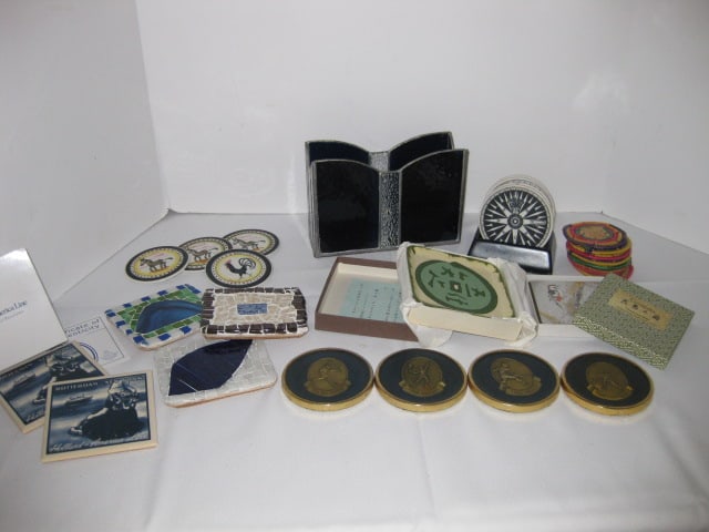 Grouping of Stained Glass Napkin Holder and Artful Coaster Sets: .