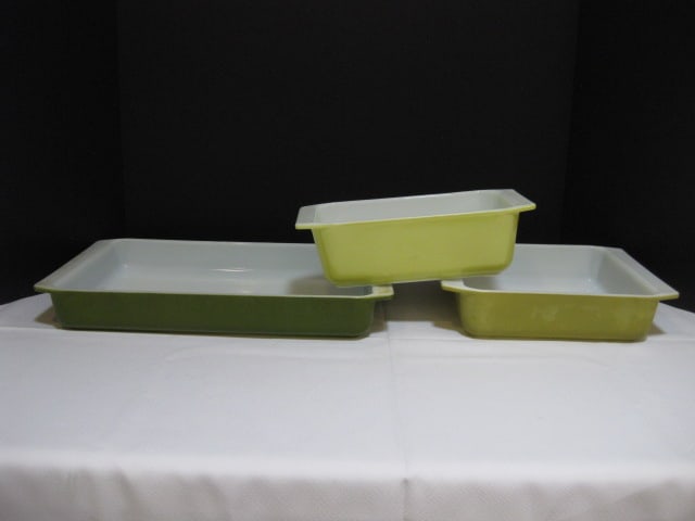 Three Midcentury Pyrex Baking Dishes: Loaf pan, 8x8, 9x13
